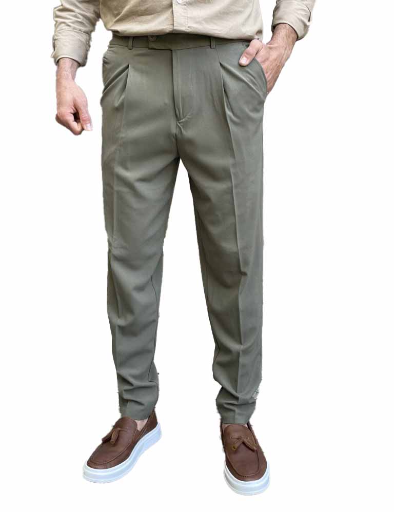 Ανδρικό χακί υφασμάτινο παντελόνι με πιέτα και λάστιχο στην μέση FCL00295X φωτογραφία